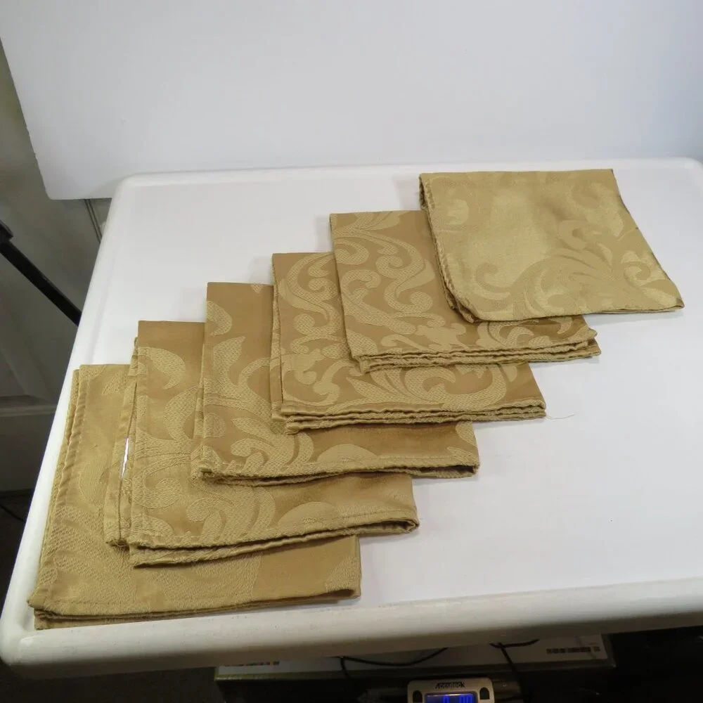 Vintage Warm Gold Jacquard Fabric (6) Dinner Napkins w Basket Weave underlay 16